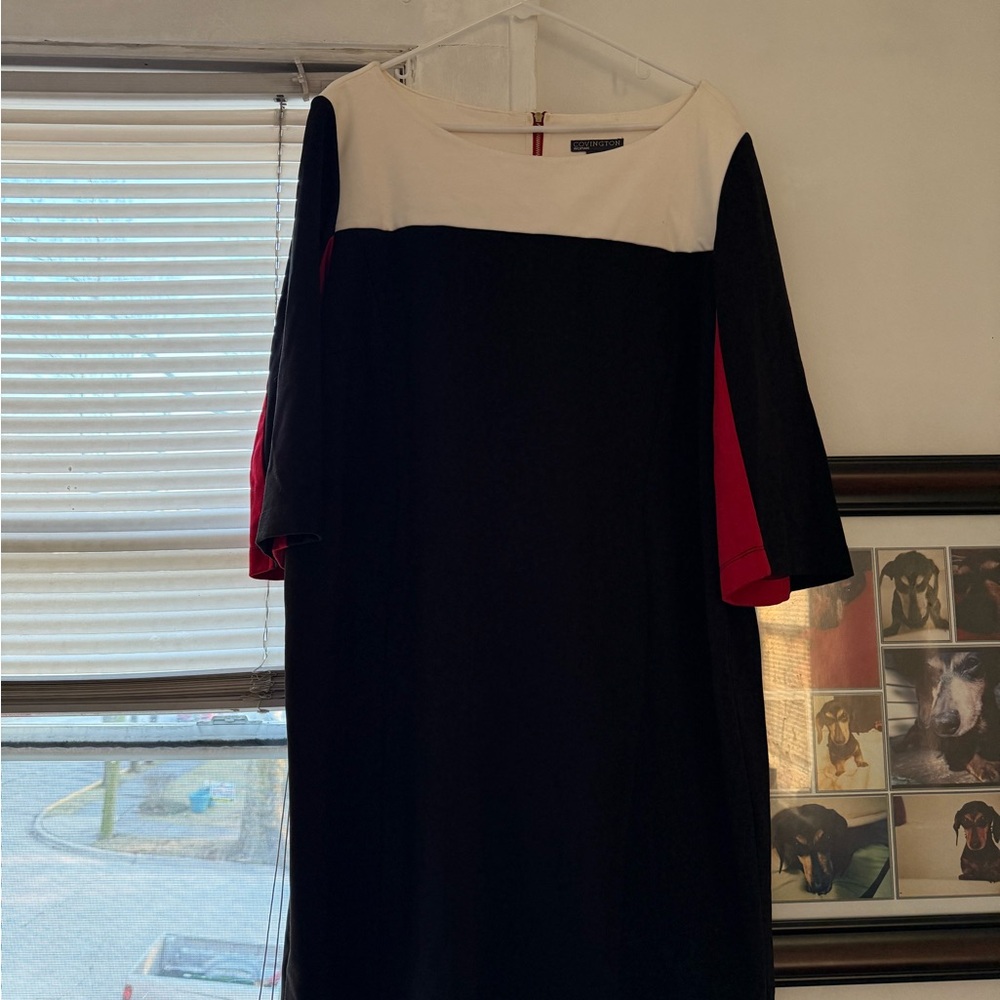 Elegant Black and White Dress with Red Accents